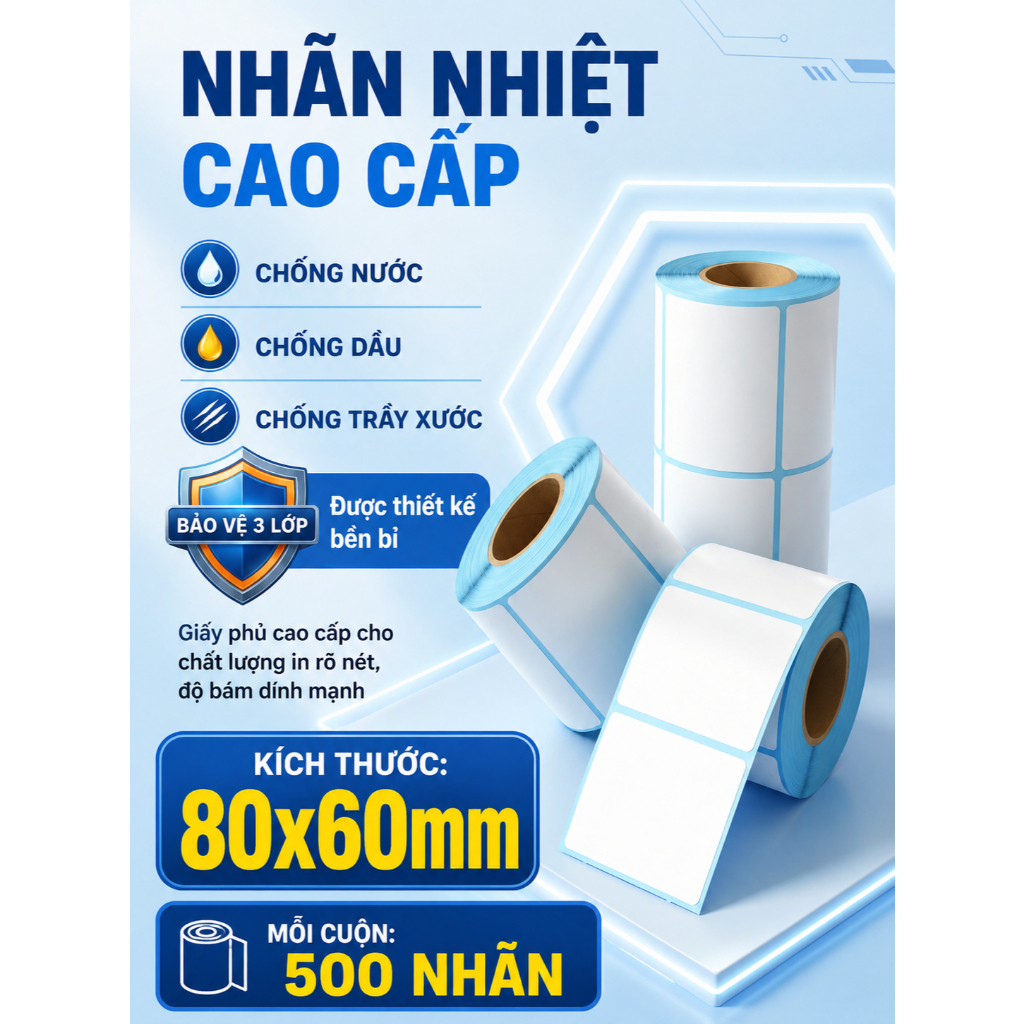 Giấy nhiệt 3 lớp 80x60mm chống nước, chống dầu, chống cồn, chống ma sát, lưu chữ lâu, in rõ nét, không phai màu.