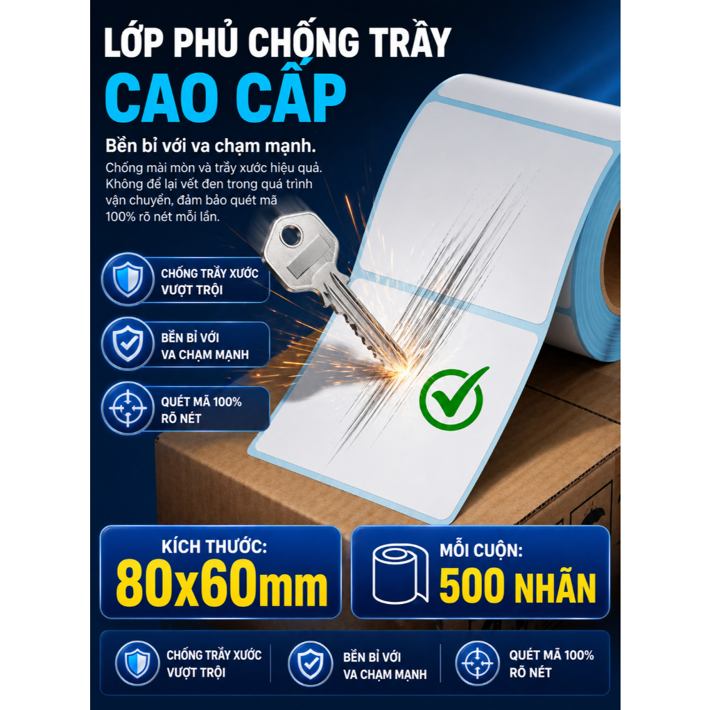 Giấy nhiệt 3 lớp 80x60mm chống nước, chống dầu, chống cồn, chống ma sát, lưu chữ lâu, in rõ nét, không phai màu.