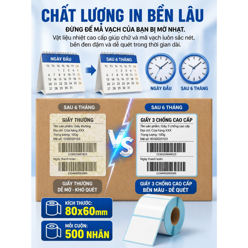 Giấy nhiệt 3 lớp 80x60mm chống nước, chống dầu, chống cồn, chống ma sát, lưu chữ lâu, in rõ nét, không phai màu.