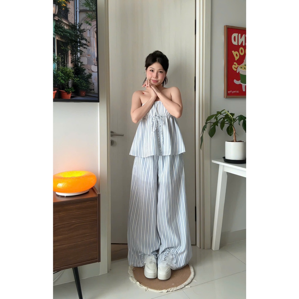 Set Nữ JOGLA Áo Cúp Ngực Phối Quần Ống Suông Cách Điệu Ren Kẻ Sọc Đi Biển, Dạo Phố SECODEE (BÁN LẺ)