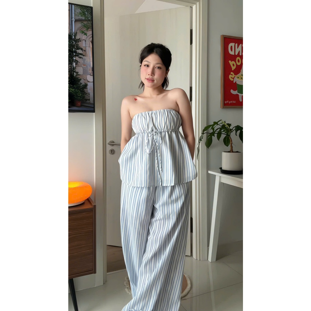 Set Nữ JOGLA Áo Cúp Ngực Phối Quần Ống Suông Cách Điệu Ren Kẻ Sọc Đi Biển, Dạo Phố SECODEE (BÁN LẺ)