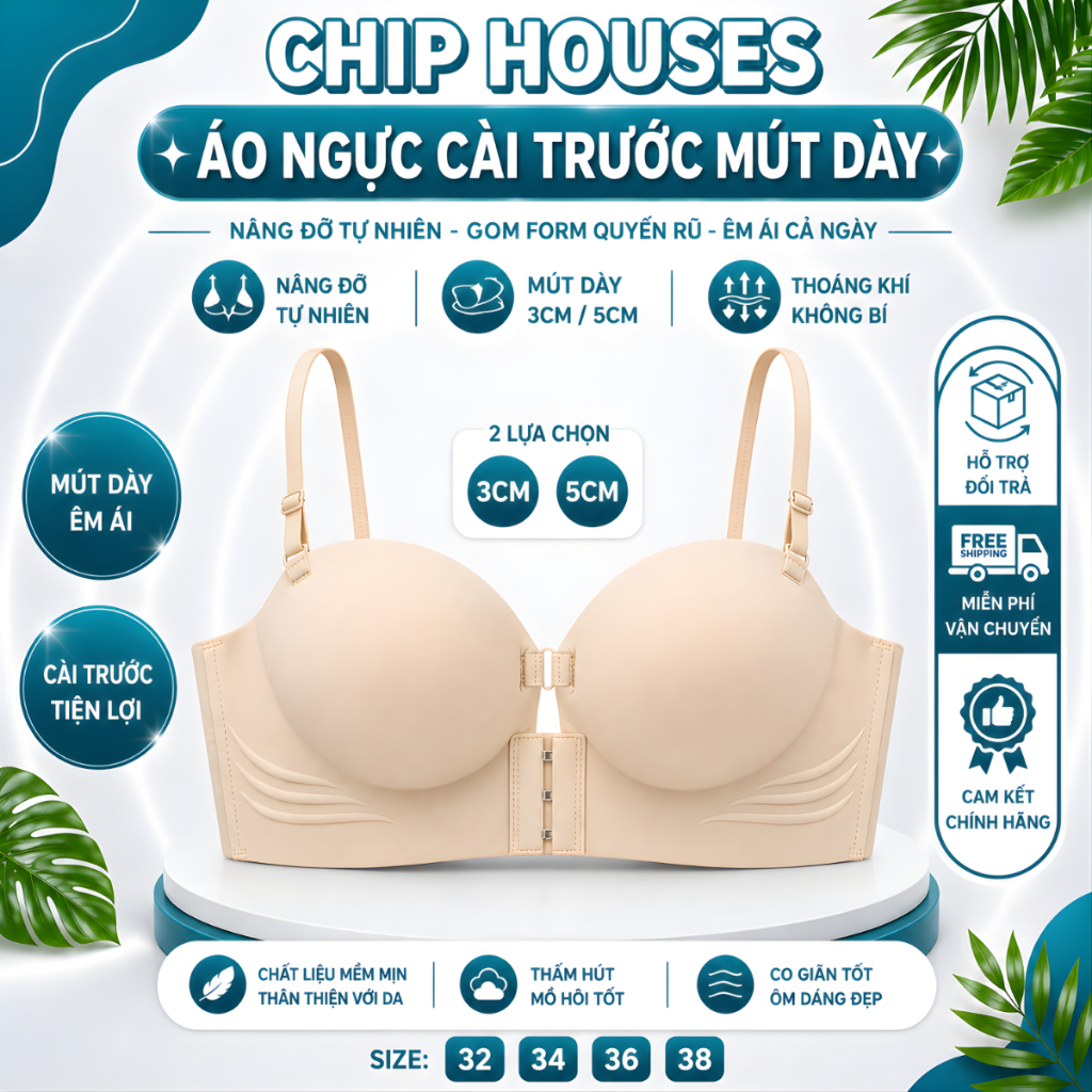 Áo Lót Áo Ngực Bra Nữ Bra Chất Su Áo Không Dây Cài Trước Nâng Ngực Tạo Khe Mút Dày 5CM Che Mỡ 946