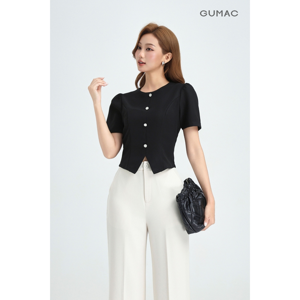 Áo Kiểu Nữ GUMAC Áo Kiểu Công Sở Dáng Lửng Lai Xẻ V Đính Nút Tôn Dáng Sang Trọng Vải Chéo Ý LAG0414