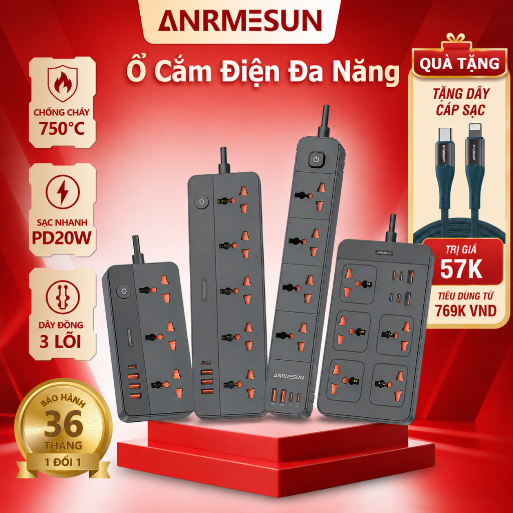 Ổ Cắm Điện Đa Năng Treo ANRMESUN Chống Cháy Chống Sét  2500W USB Type-C Sạc Nhanh 20W An Toàn 3 Lõi Đồng Cầu Chì Dây2-3M