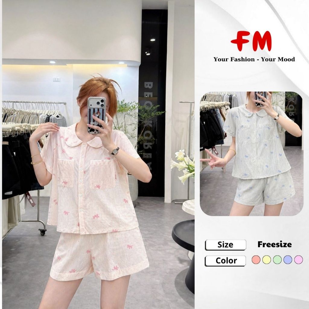 Đồ Bộ Nữ Ngắn FMSTYLE Áo Cổ Sen Kẻ Ngựa 2 Túi Quần Đùi Dễ Thương Thoải Mái Mặc Nhà Xinh 26041379