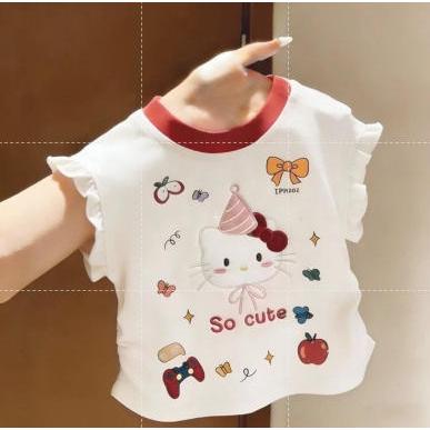 Áo Phông In Hình Mèo Dễ Thương Bé Gái Mùa Hè Cotton Nguyên Chất Màu Khối Áo Vest Không Tay Cho B