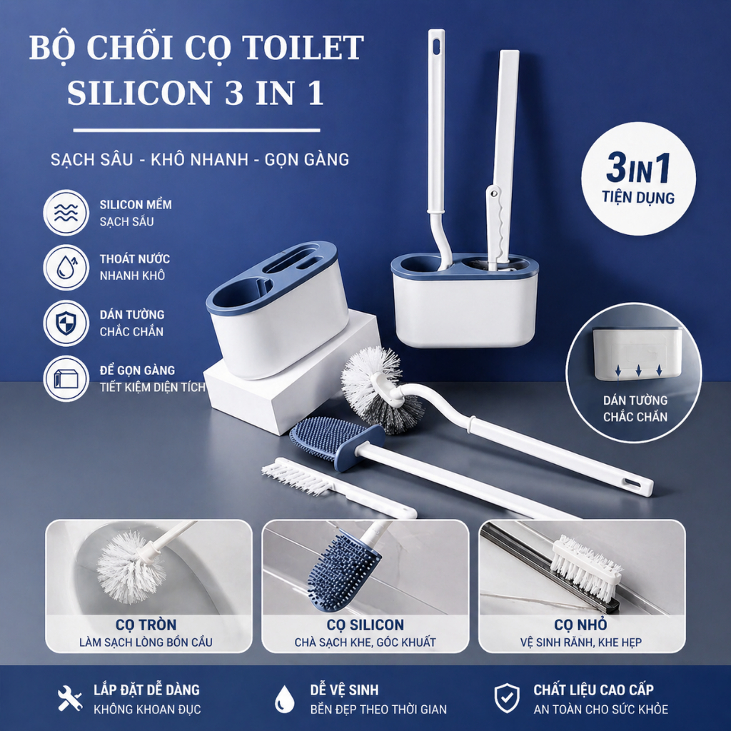 Bộ 3 Chà bồn cầu, chổi cọ bồn cầu nhà tắm có đế đựng dán tường, cây chà bồn cầu 3in1 - chổi cọ nhà vệ sinh