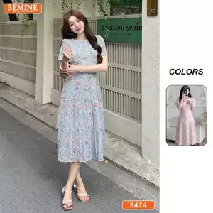 Đầm thiết kế BEMINE cổ tròn in hoa dáng chữ A xếp ly phù hợp đi làm, đi chơi-B474