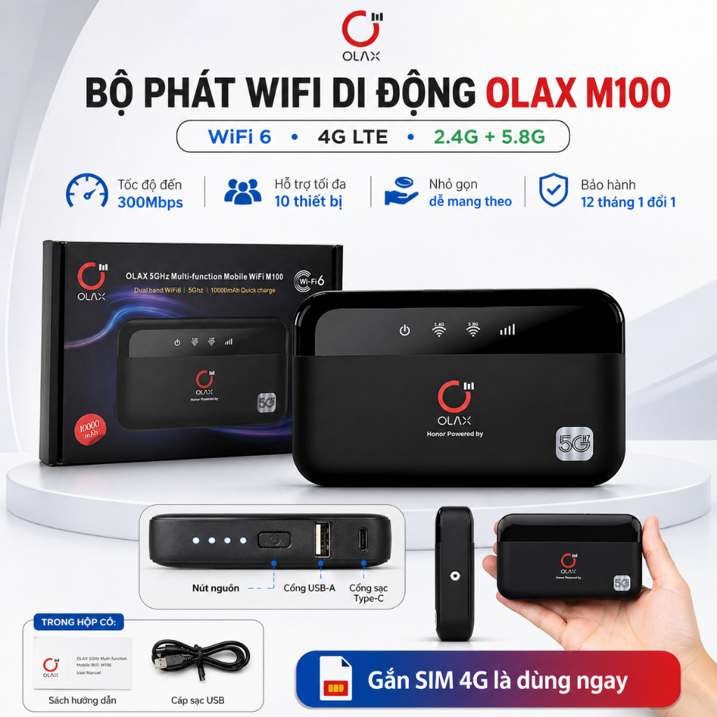 Bộ phát WiFi di động OLAX M100 – WiFi 6, hỗ trợ SIM 4G/5.8G, tốc độ ...