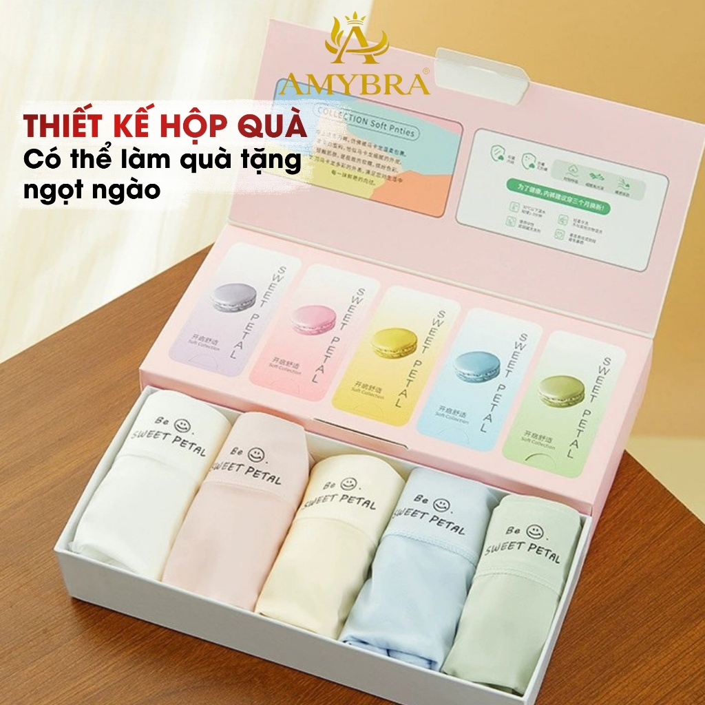 Hộp quà 5 quần lót boxer nữ chất su lụa màu pastel, Quần chip nữ cạp cao đáy cotton AMYBRA L5422