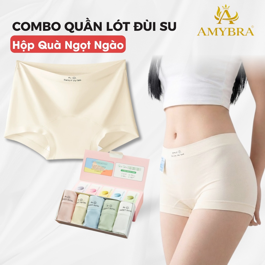 Hộp quà 5 quần lót boxer nữ chất su lụa màu pastel, Quần chip nữ cạp cao đáy cotton AMYBRA L5422