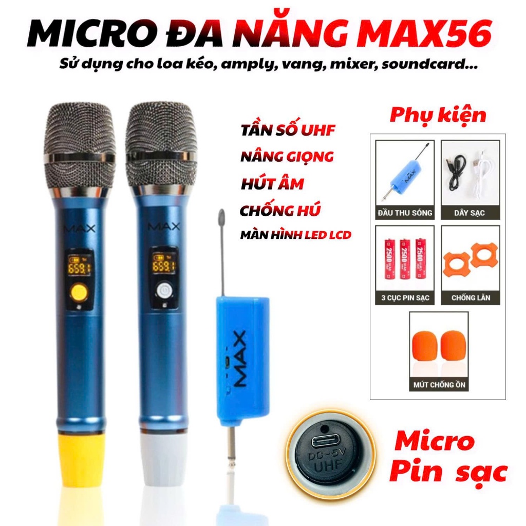 Micro hát hay bắt giọng tốt MTMAX Max 56 , hút âm chống hú hiệu quả, Pin sạc sử dụng lâu
