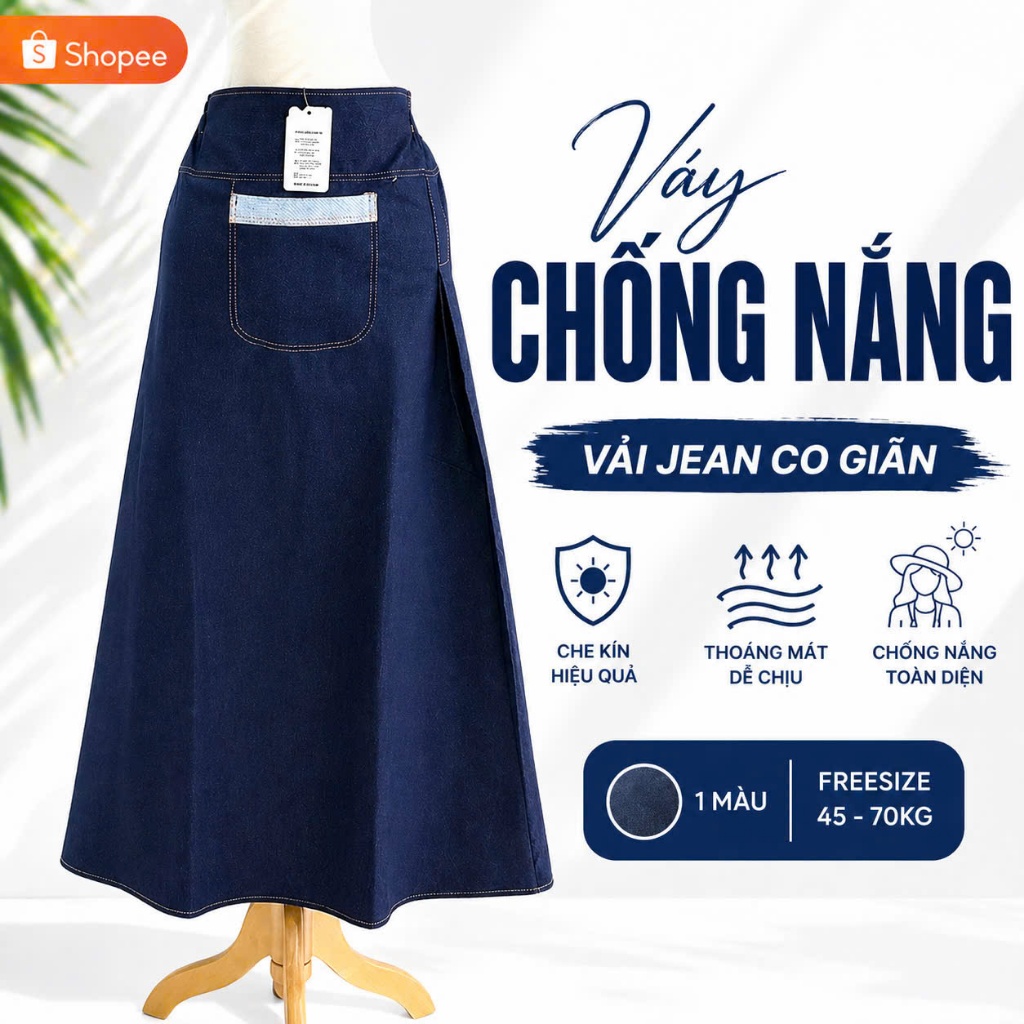 Váy Chống Nắng Jean Co Giãn Freesize Dài 98cm Phủ Chân, Nút Bấm + Miếng Dán Cho Nữ