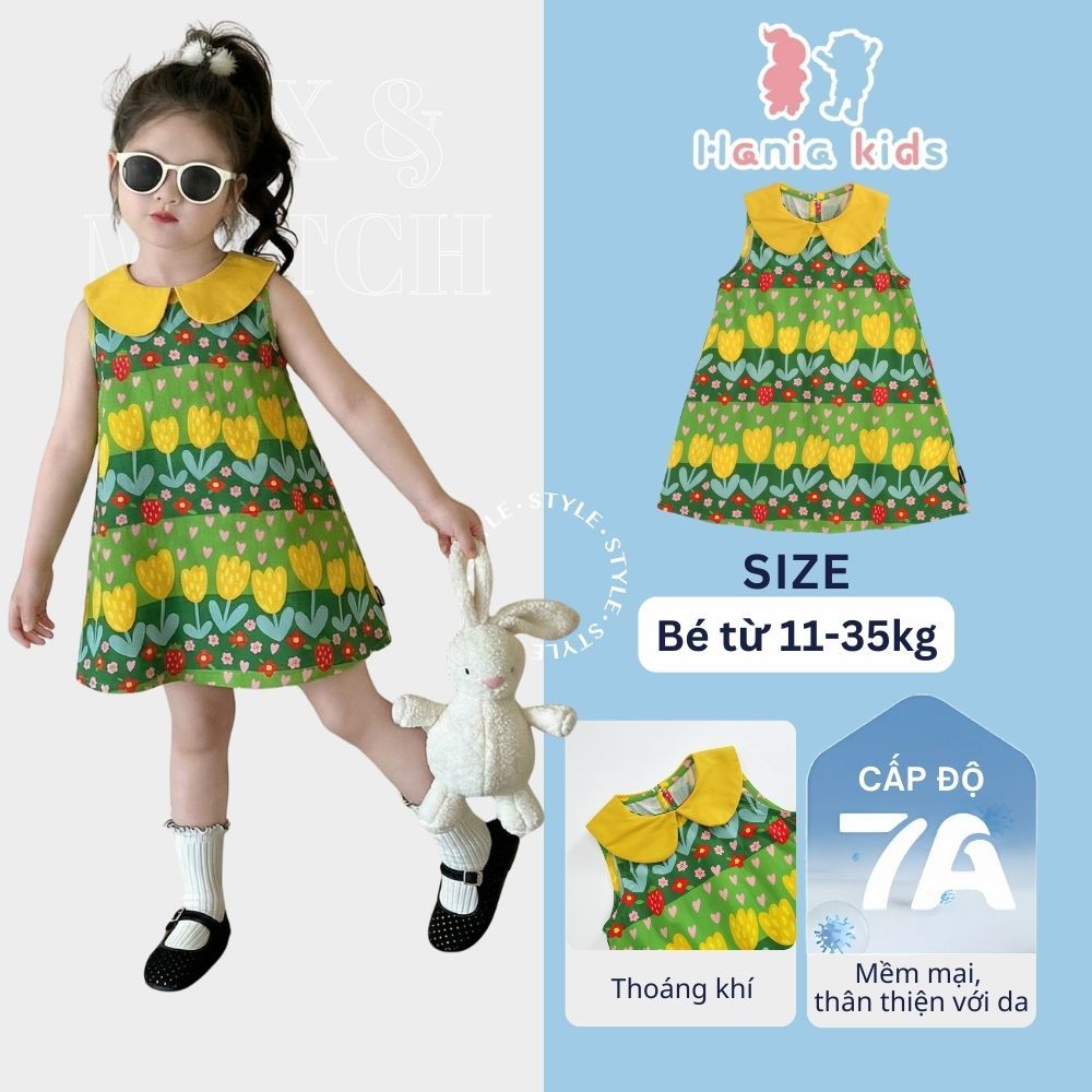 Váy Cho Bé Gái, Váy Sát Nách Cho Bé Gái Cổ Bẻ Dễ Thương Họa Tiết Hoa Xanh Mát Chất Liệu Mềm Mại