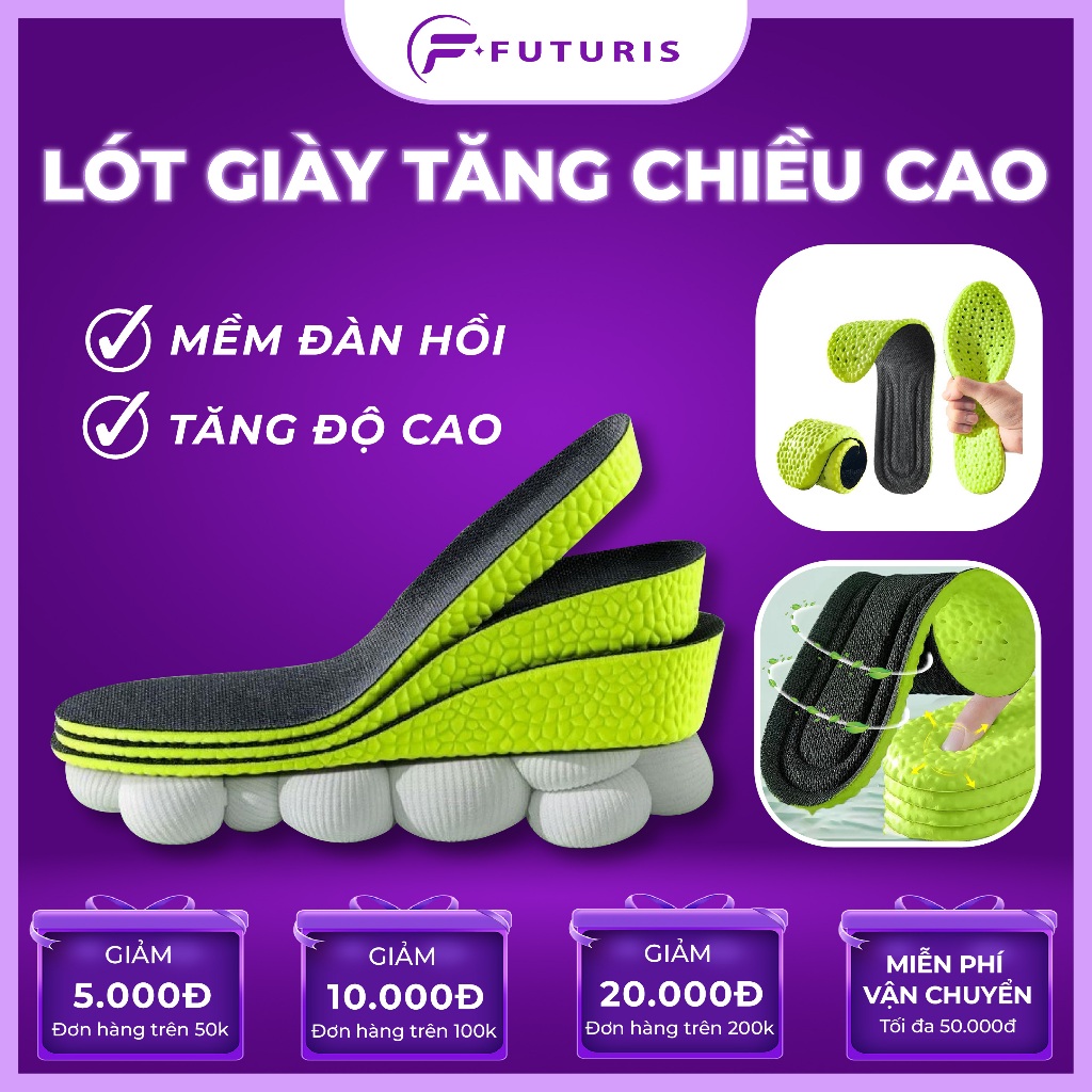 Lót Giày Tăng Chiều Cao 2.5 cm - 3.5 cm Tự Nhiên– Đệm Khí Êm Chân, Thoáng Khí, Nâng Gót Tự Nhiên Cho Nam Nữ - Khử Mùi
