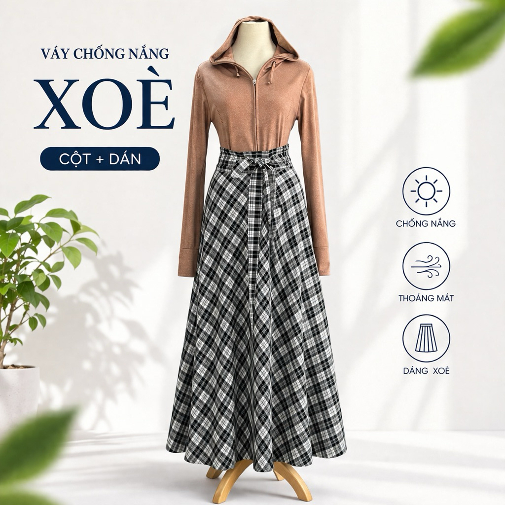 Váy Chống Nắng Xoè Dán Dài 103cm, Che Kín Chân, Vải Mát Nhẹ, Chống Nắng Đi Xe Máy Cho Nữ