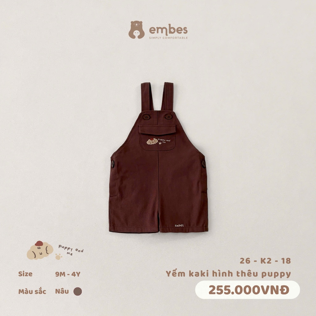 Yếm Quần Cho Bé Embes, Yếm Kaki Phối Túi Thêu Hình Chất Kaki Mềm Cho Bé Trai Bé Gái Size Từ 8-17Kg