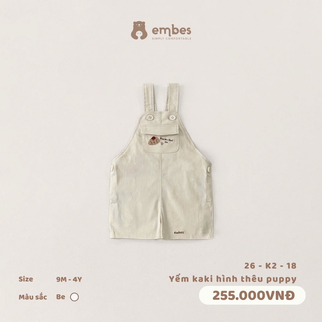 Yếm Quần Cho Bé Embes, Yếm Kaki Phối Túi Thêu Hình Chất Kaki Mềm Cho Bé Trai Bé Gái Size Từ 8-17Kg
