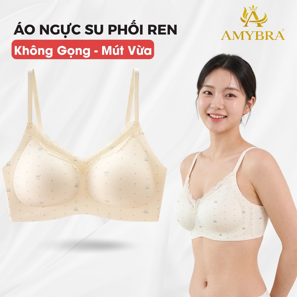 Áo Ngực Nữ Không Gọng Phối Viền Ren Gợi Cảm, Áo Lót Đúc Su Hoa Nhí Mềm Mại AMYBRA A1846 QT