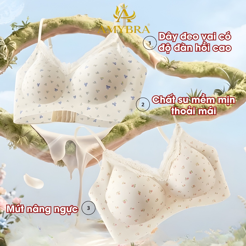 Áo Ngực Nữ Không Gọng Phối Viền Ren Gợi Cảm, Áo Lót Đúc Su Hoa Nhí Mềm Mại AMYBRA A1846 QT
