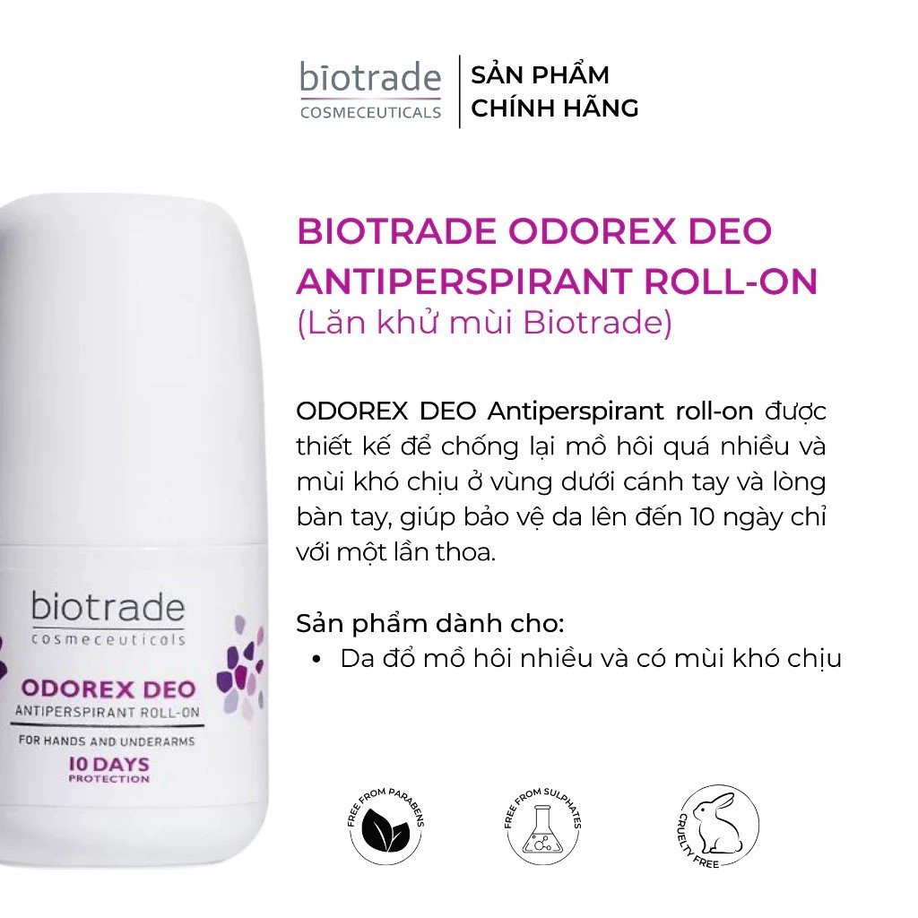 Lăn Khử Mùi Biotrade Odorex Deo Antiperspirant Roll On lòng bàn tay và nách 40ml, sạch thoáng, giảm thâm, không vàng áo