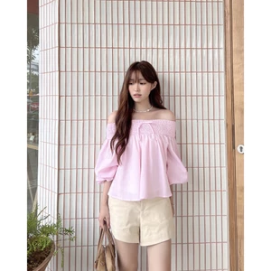 Áo kiểu tay phồng trễ vai phối nơ form babydoll viền ren phối chun | TRUFFLE TOP | SECODEE