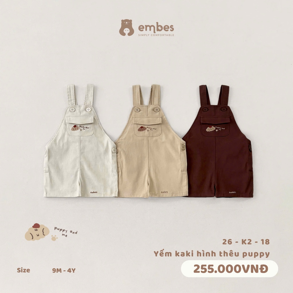 Yếm Quần Cho Bé Embes, Yếm Kaki Phối Túi Thêu Hình Chất Kaki Mềm Cho Bé Trai Bé Gái Size Từ 8-17Kg