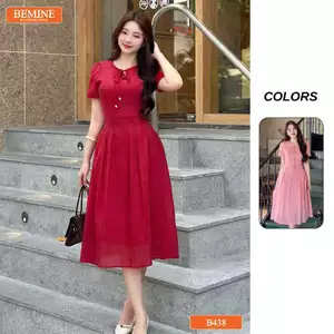 Đầm thiết kế BEMINE cổ tròn tơ thêu hoa dáng chữ A phù hợp đi chơi-B438