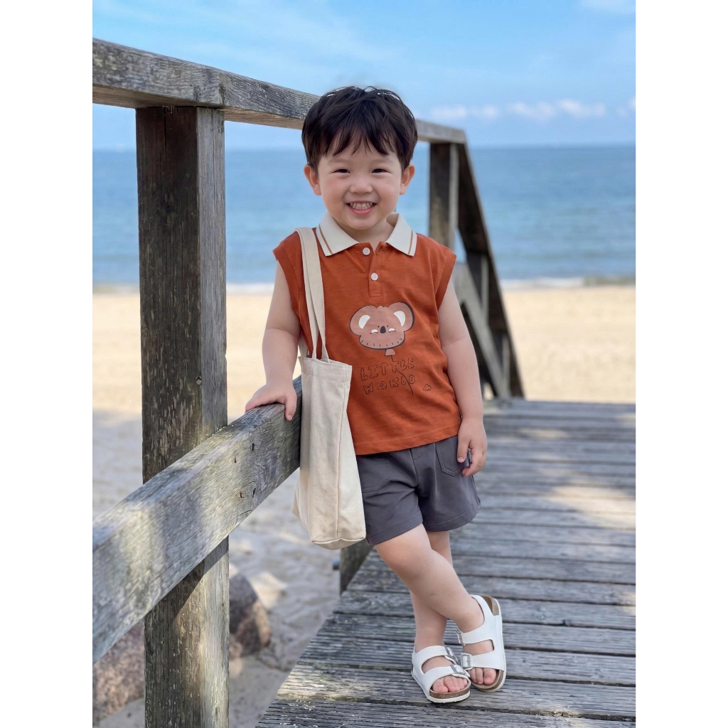 Set bộ polo cộc tay bé trai sát nách Miniumbaby in gấu chữ ngộ nghĩnh, chất áo cotton mềm mát SB2729