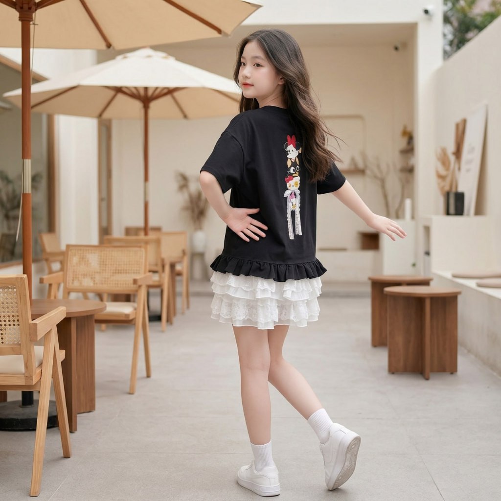 -Áo cotton khô phối bèo gấu cho bé gái size đại BEESHOP H26064