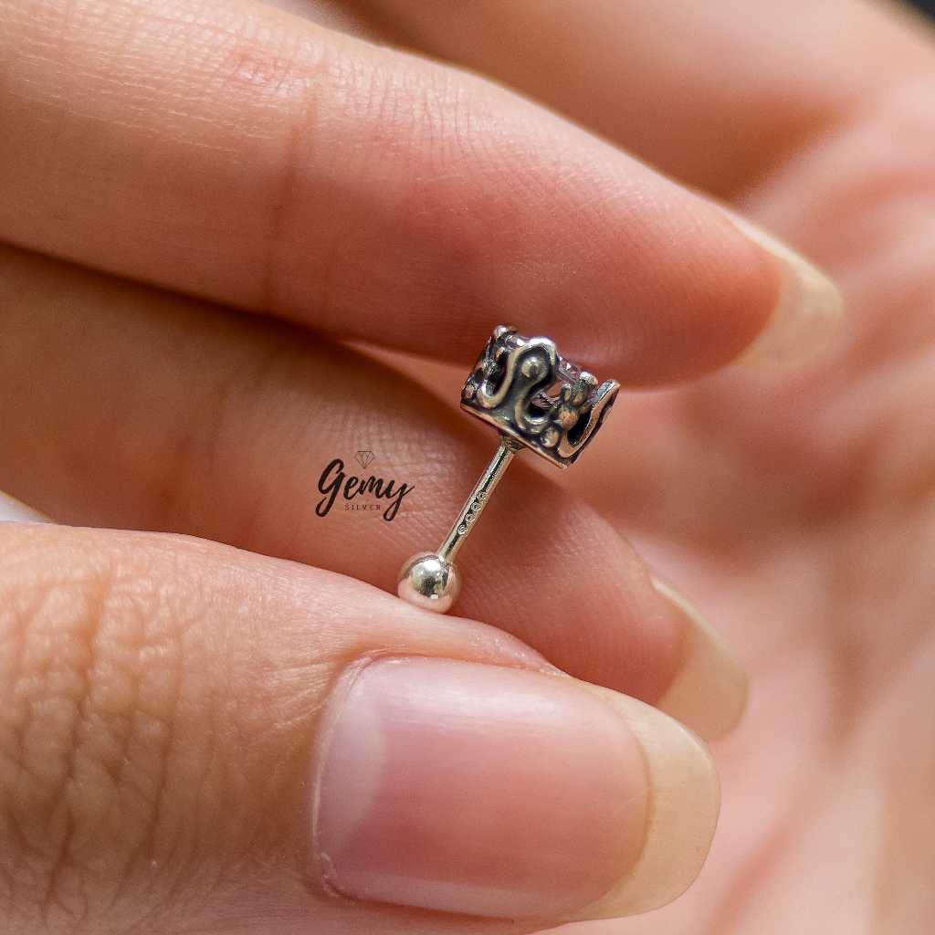 Khuyên tai nam thanh thẳng bạc S999 Stephen đính nụ đá 3 màu cực chất (1 chiếc) | GEMY SILVER KN149