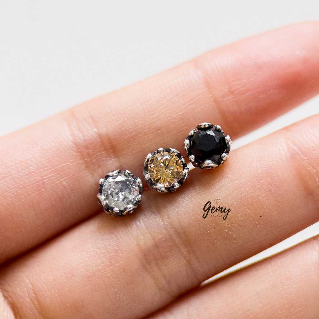 Khuyên tai nam thanh thẳng bạc S999 Stephen đính nụ đá 3 màu cực chất (1 chiếc) | GEMY SILVER KN149
