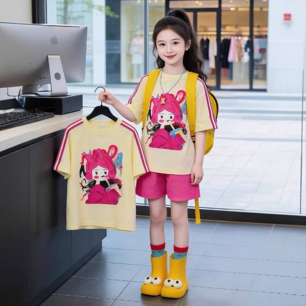 Áo cô gái tay viền hồng, Quần sooc cotton hồng đậm cho bé gái size đại BEESSHOP H26065A, H26065Q