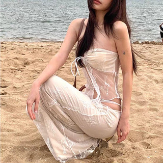 Nova-Nữ Gợi Cảm 2 Mảnh Trang Phục Váy Bộ Vai Không Dây Ren Nhìn Xuyên Qua Ống Top Lưới Váy Dài Bộ