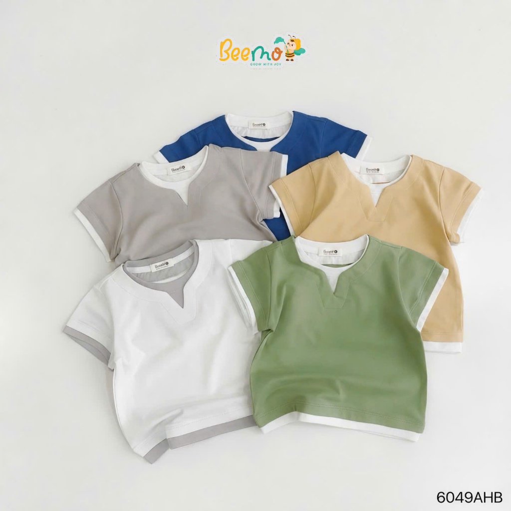 Áo phông phối cổ cá tính cho bé, áo thun cotton cổ tròn basic trơn màu bé trai