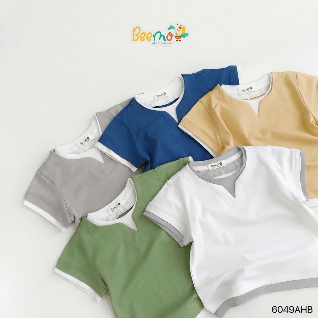 Áo phông phối cổ cá tính cho bé, áo thun cotton cổ tròn basic trơn màu bé trai