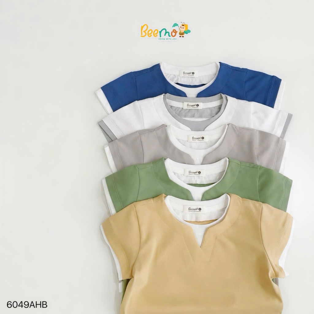 Áo phông phối cổ cá tính cho bé, áo thun cotton cổ tròn basic trơn màu bé trai