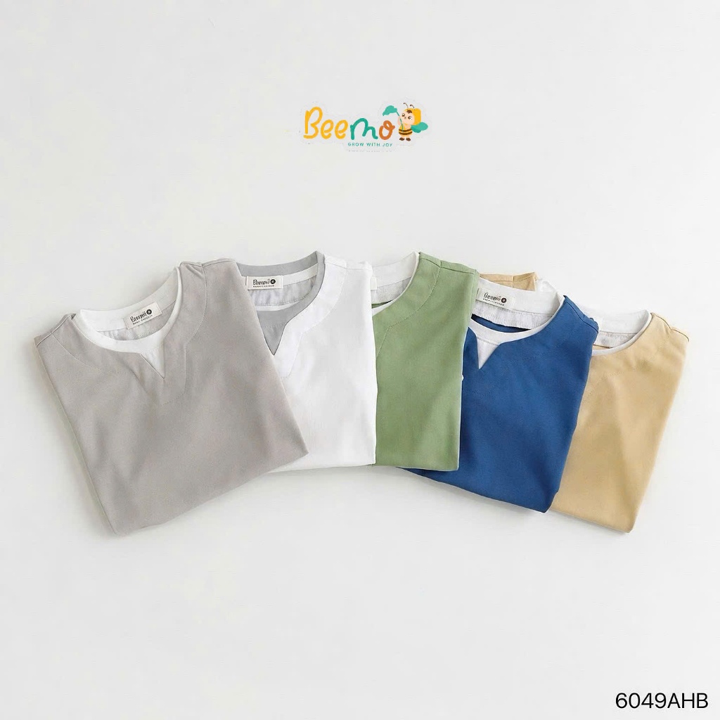 Áo phông phối cổ cá tính cho bé, áo thun cotton cổ tròn basic trơn màu bé trai