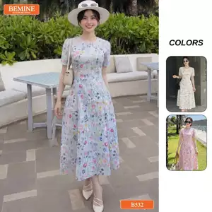 Đầm thiết kế BEMINE cổ tròn thêu hoa dáng dài phù hợp đi làm, đi chơi-B532