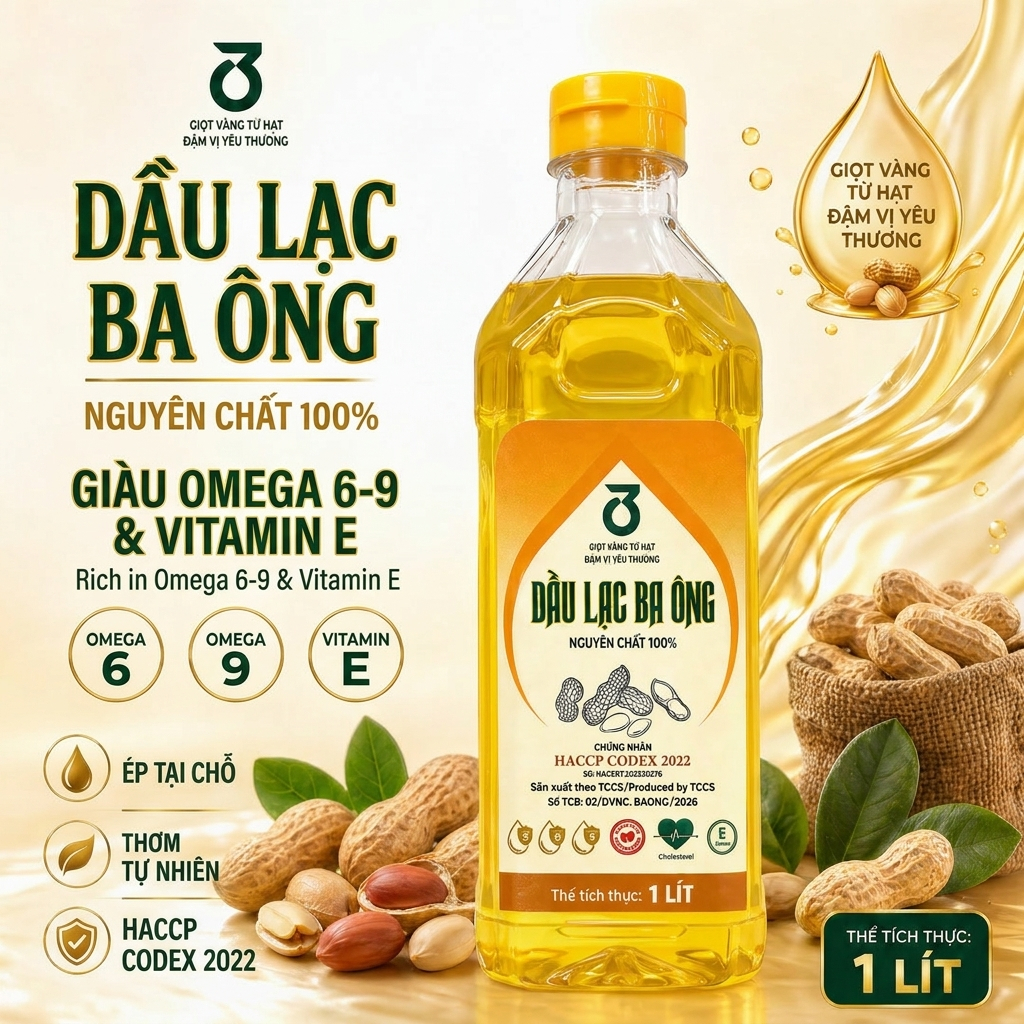 1L Dầu Lạc Nguyên Chất 100%/ Đậu Phộng Nguyên Chất Ba Ông, Đạt Chứng Nhận HACCP Codex 2022, Không Chất Bảo Quản