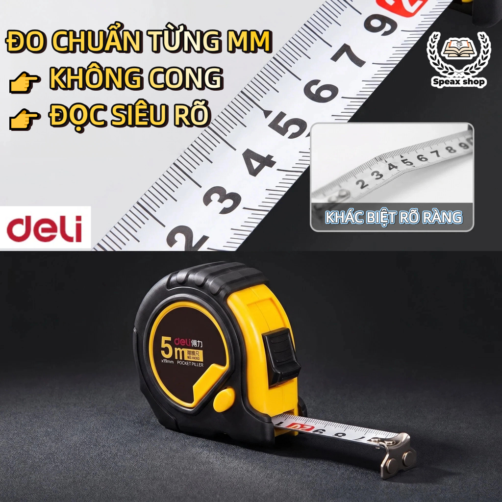 Thước Cuộn Thước Dây Thép Deli 5m/7.5m/10m – Tự Khóa, Chống Rơi, Vạch Rõ Đo Xây Dựng, Nội Thất, DIY