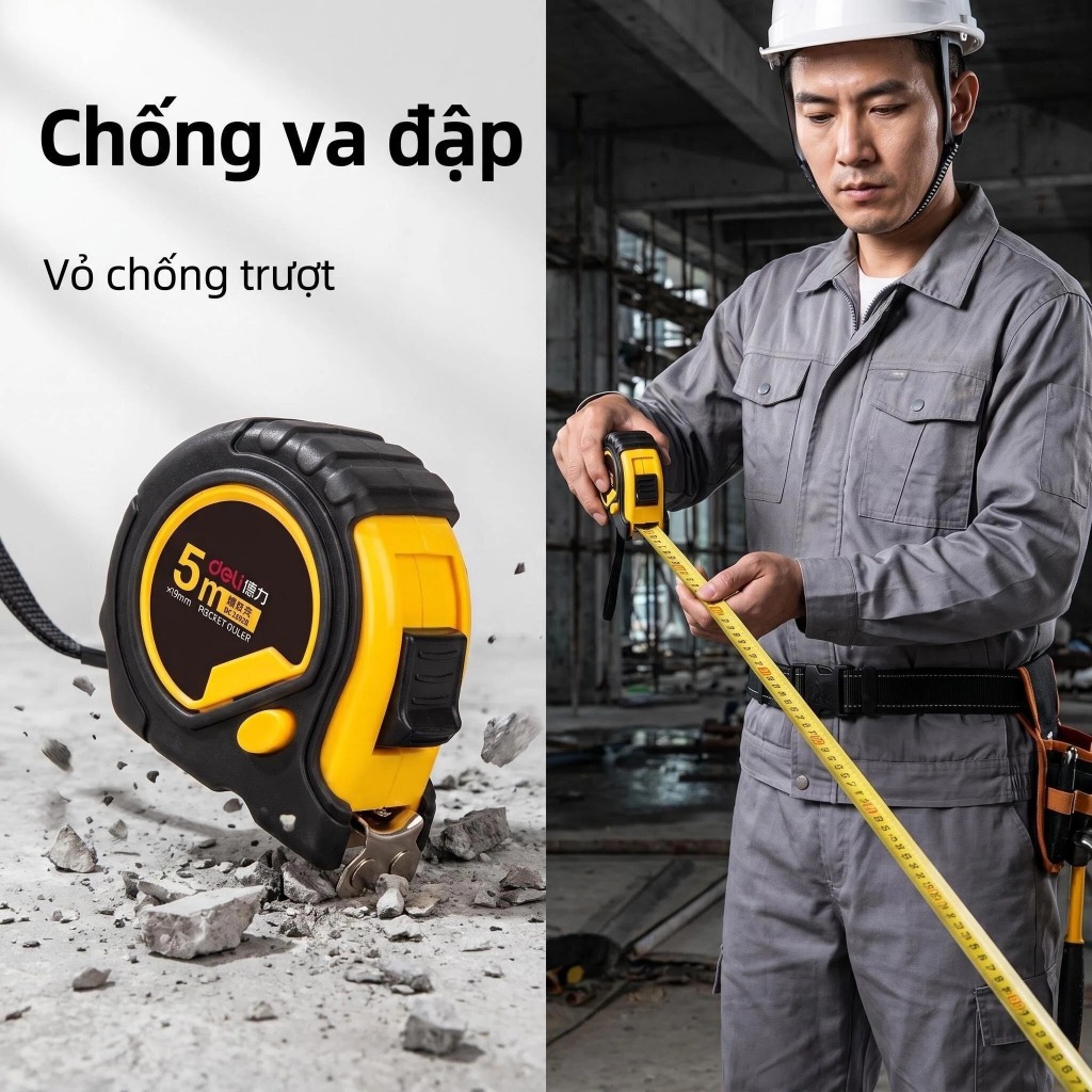 Thước Cuộn Thước Dây Thép Deli 5m/7.5m/10m – Tự Khóa, Chống Rơi, Vạch Rõ Đo Xây Dựng, Nội Thất, DIY