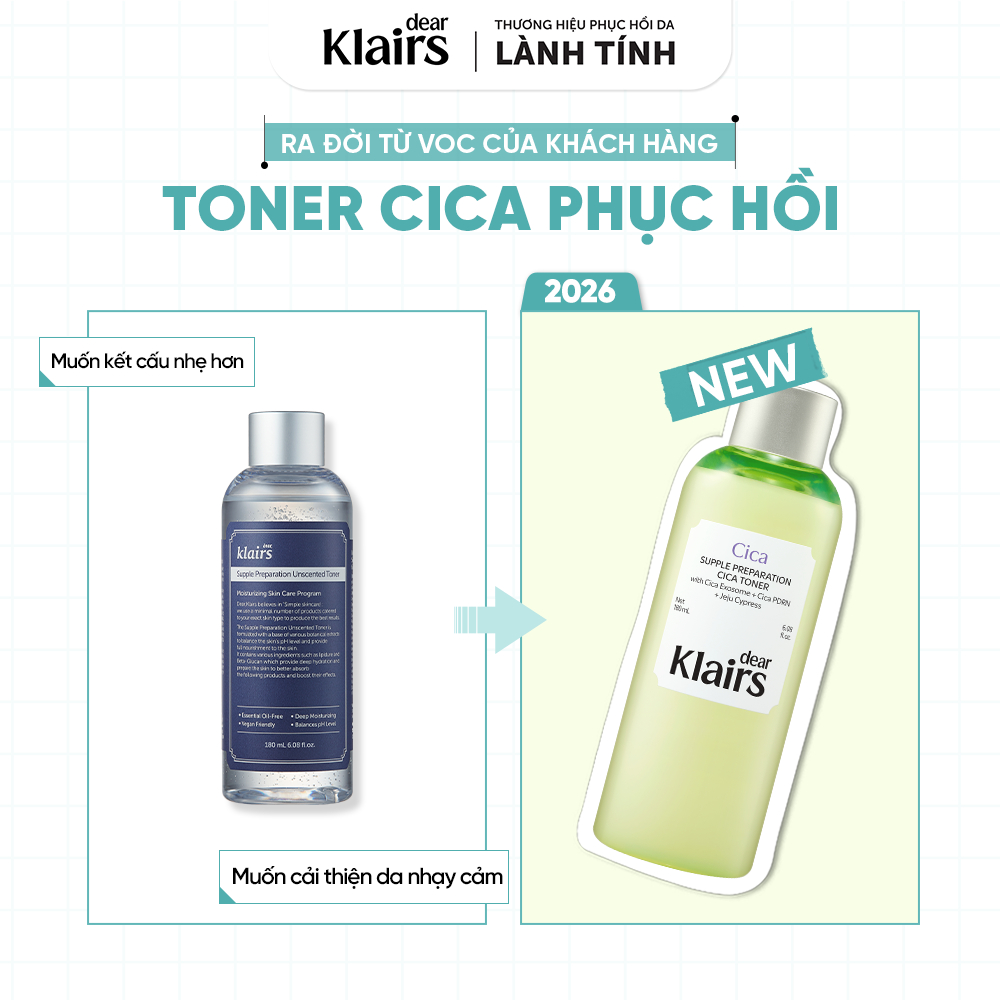 [KOL] Nước hoa hồng Dear Klairs Supple Preparation Cica Toner 180ml
