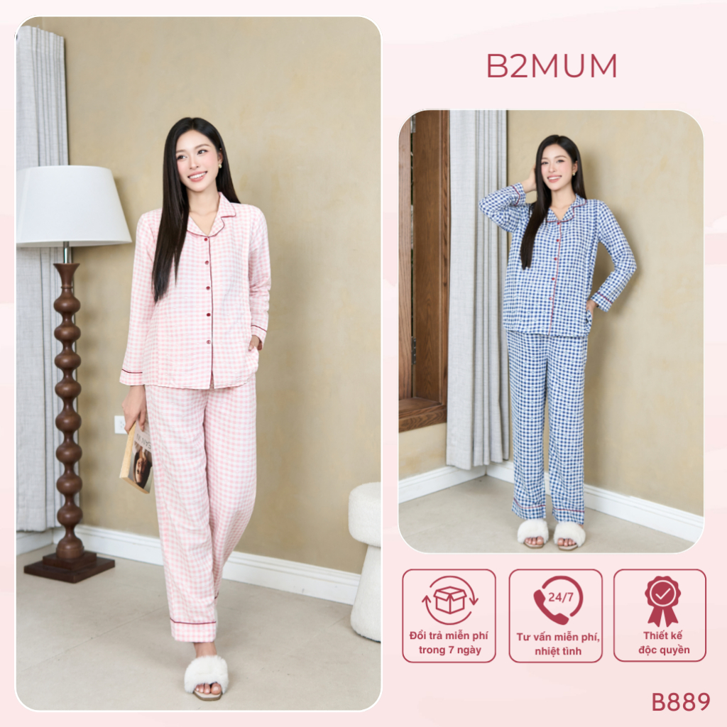 Bộ Pijama Mặc Nhà Chất Đũi Mềm Dành Cho Mẹ Bầu Và Sau Sinh, Quần có Chun Điều Chỉnh - B889 B2MUM