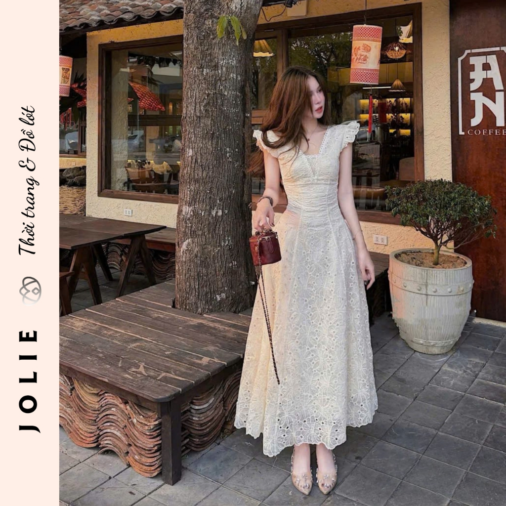 Váy Maxi JOLIE Cổ Chữ V Phối Ren Hoa Đục Lỗ Cao Cấp
