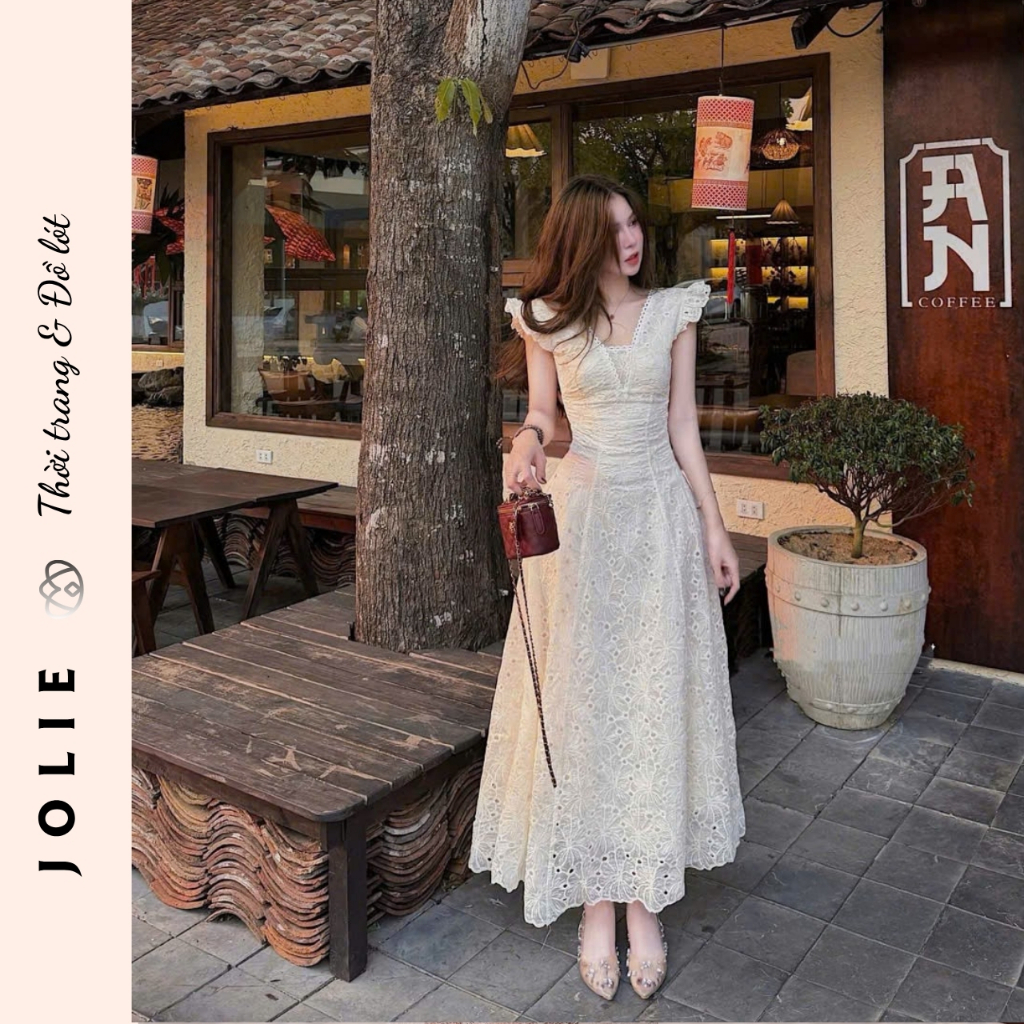 Váy Maxi JOLIE Cổ Chữ V Phối Ren Hoa Đục Lỗ Cao Cấp