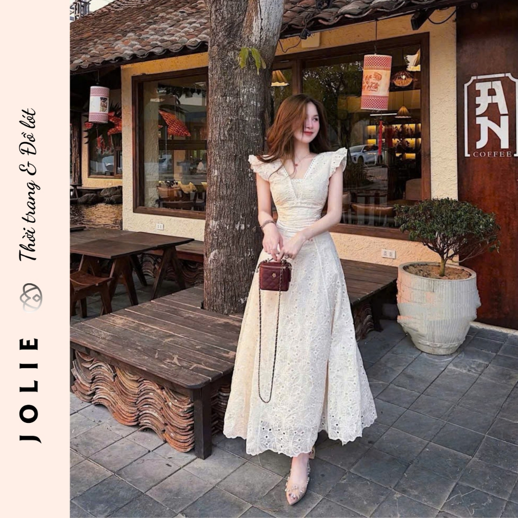 Váy Maxi JOLIE Cổ Chữ V Phối Ren Hoa Đục Lỗ Cao Cấp