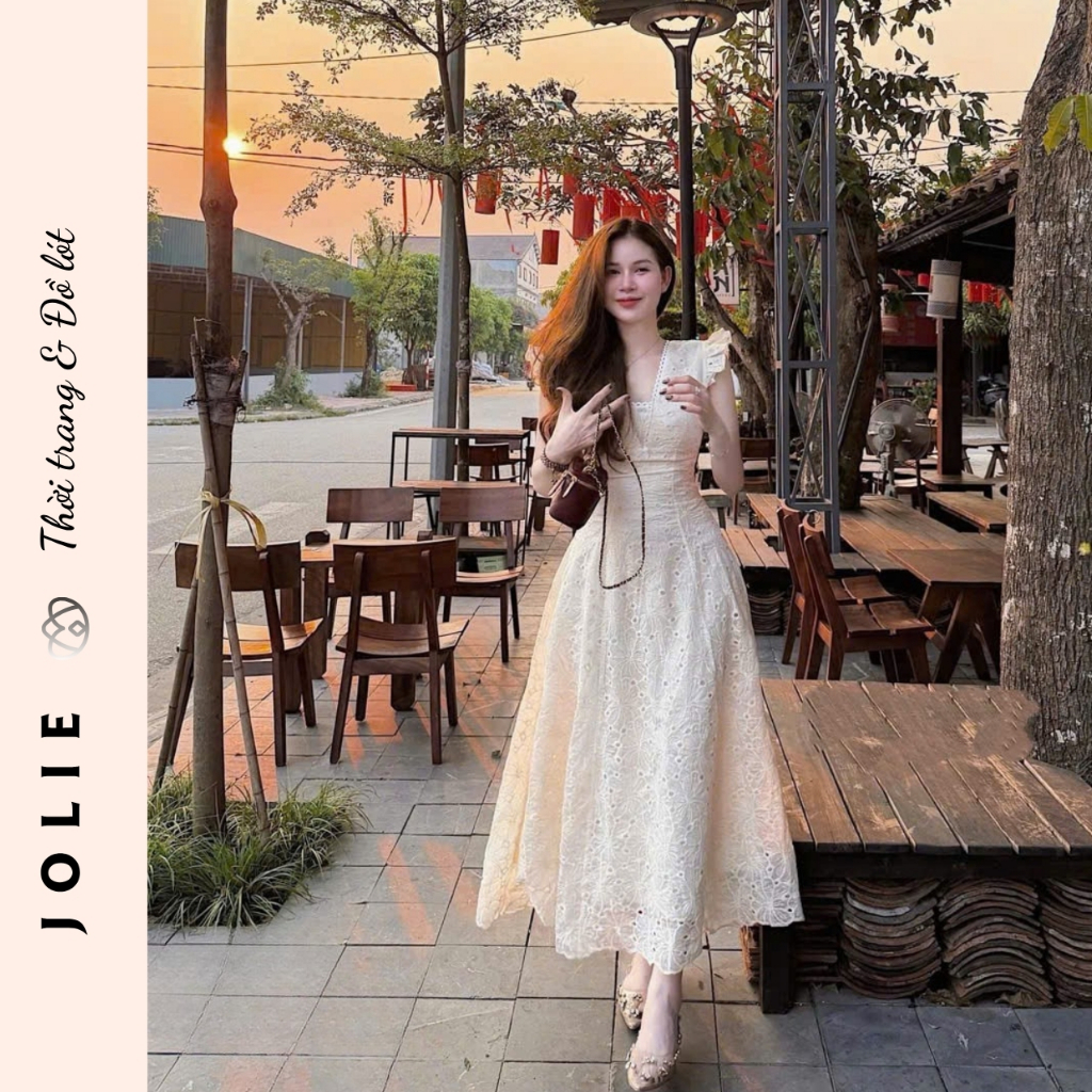 Váy Maxi JOLIE Cổ Chữ V Phối Ren Hoa Đục Lỗ Cao Cấp