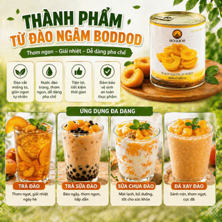 [Lẻ - Giá Sỉ] Đào lon ngâm Thái Lan 820g, đào Boddod ngâm làm trà đào, topping thơm ngon, giòn, ngọt thanh