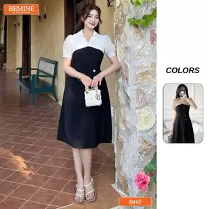 Đầm thiết kế BEMINE cổ sơ mi phối ren thêu hoa dáng chữ A phù hợp đi làm-B465